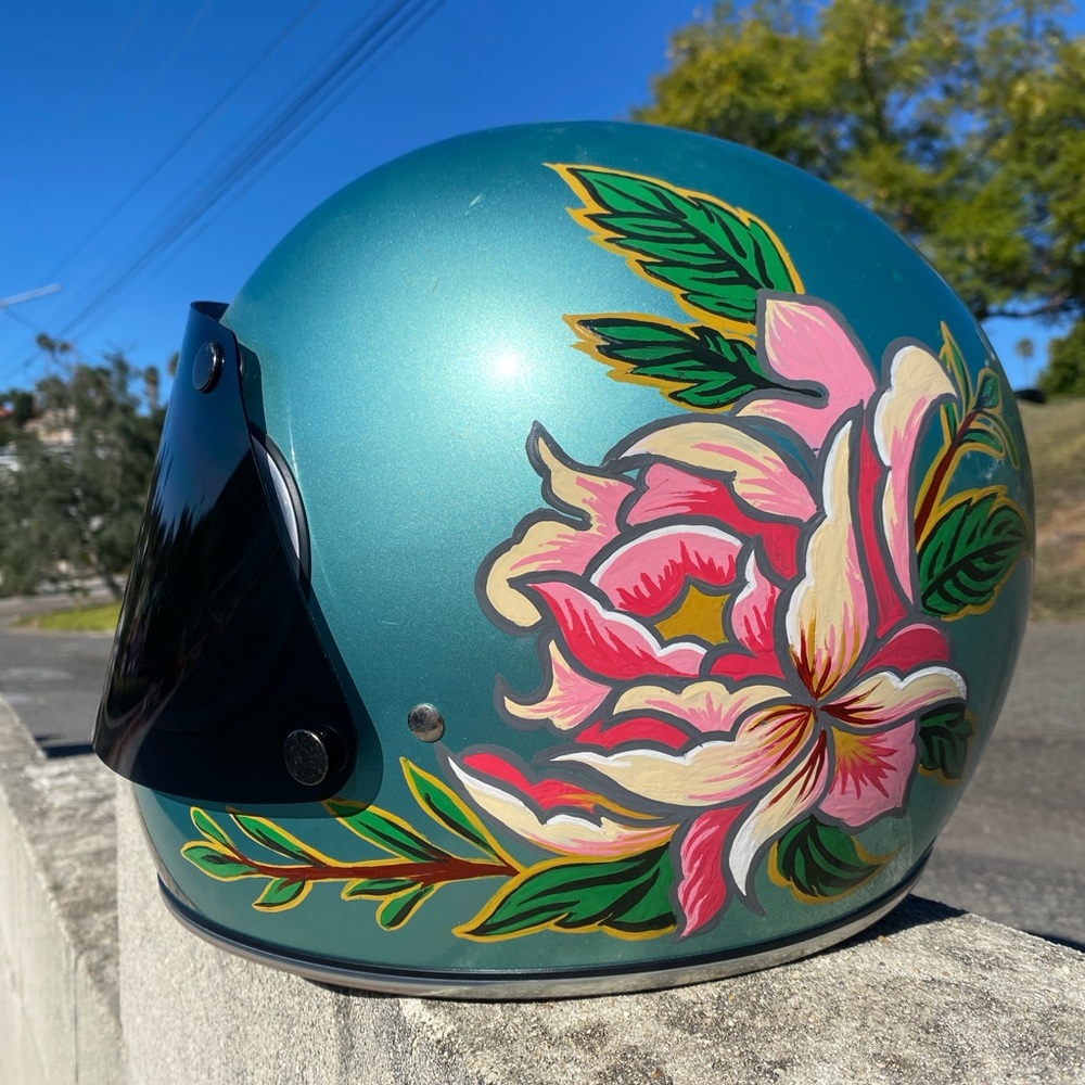 Hand Painted Rose Floral Biltwell Gringo Seafoam Green Motorcycle Helmet Size M